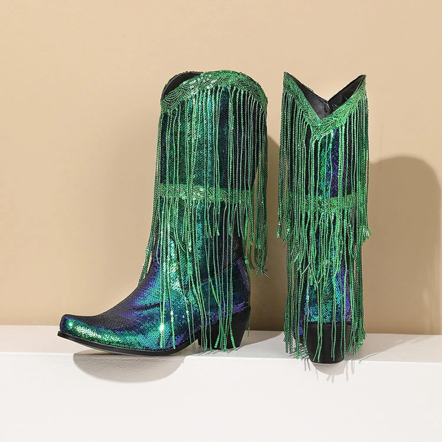 Women Mid Calf Boots Fashionable New Pattern Sequin Decoration Tassel Boots Pointed Thick Boots for Women Wide Calf Heel