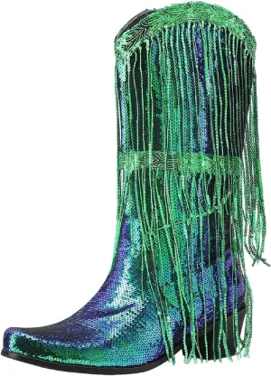 Women Mid Calf Boots Fashionable New Pattern Sequin Decoration Tassel Boots Pointed Thick Boots for Women Wide Calf Heel