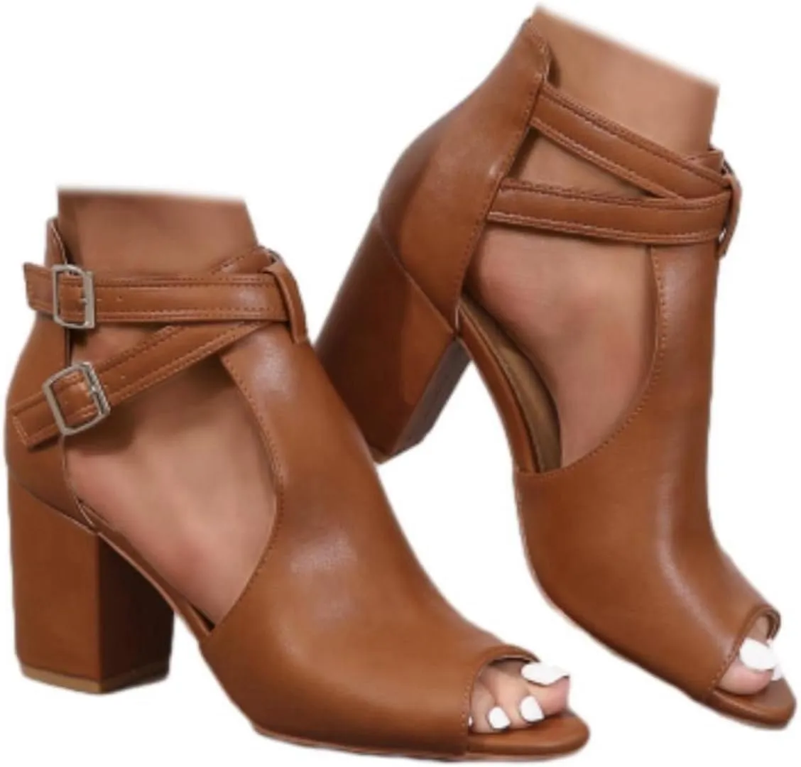 Women Peep Toe Ankle Booties Sandals Cut Out Chunky Block Heeled Sandals Cross Buckle Ankle Strap Dressy Sandals