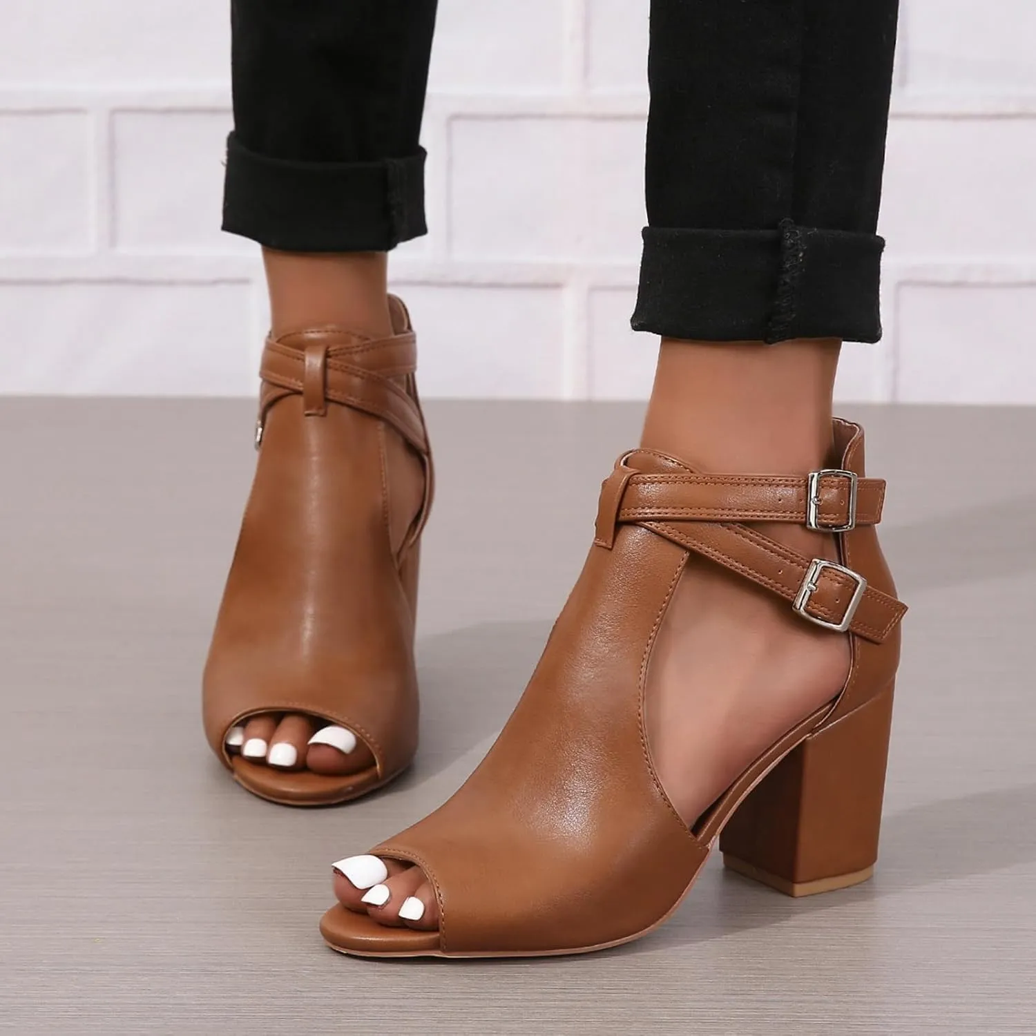 Women Peep Toe Ankle Booties Sandals Cut Out Chunky Block Heeled Sandals Cross Buckle Ankle Strap Dressy Sandals