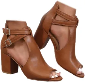 Women Peep Toe Ankle Booties Sandals Cut Out Chunky Block Heeled Sandals Cross Buckle Ankle Strap Dressy Sandals