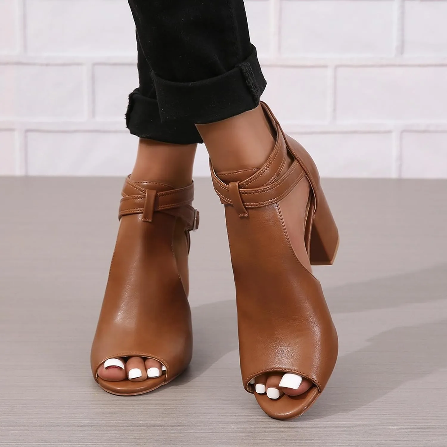 Women Peep Toe Ankle Booties Sandals Cut Out Chunky Block Heeled Sandals Cross Buckle Ankle Strap Dressy Sandals