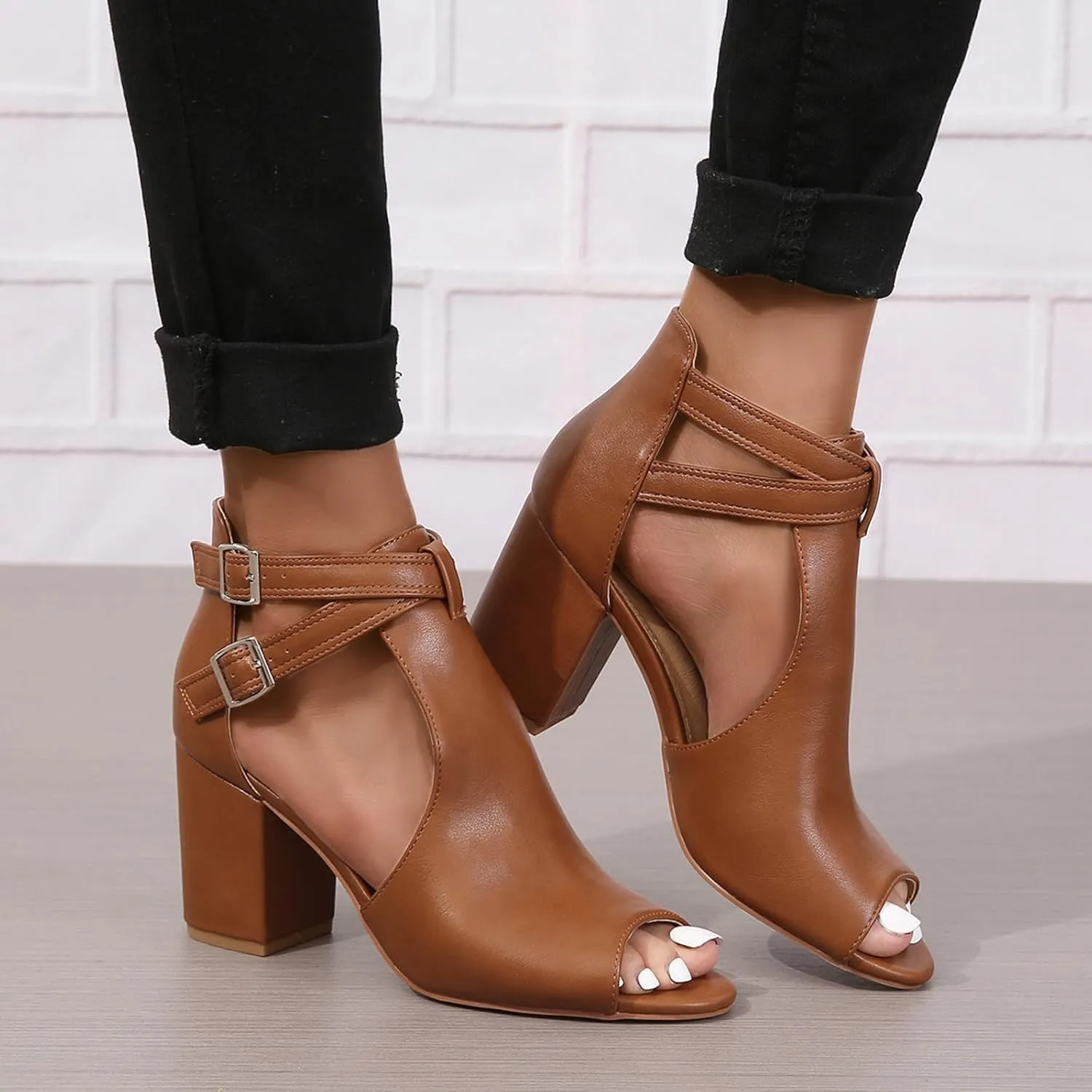 Women Peep Toe Ankle Booties Sandals Cut Out Chunky Block Heeled Sandals Cross Buckle Ankle Strap Dressy Sandals