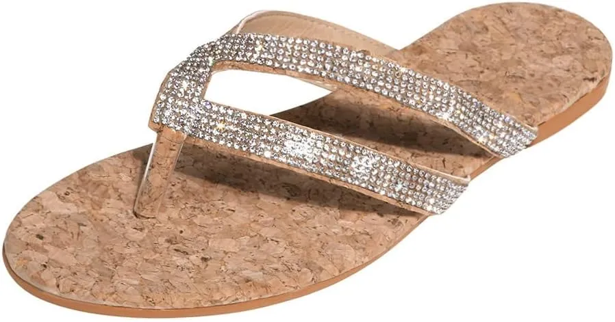 Women Rhinestone Flat Sandals Summer Dressy Beach Slip On T-Strap Buckle Bohemian Flat Sandals Open Toe Slide Sandal