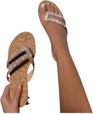 Women Rhinestone Flat Sandals Summer Dressy Beach Slip On T-Strap Buckle Bohemian Flat Sandals Open Toe Slide Sandal