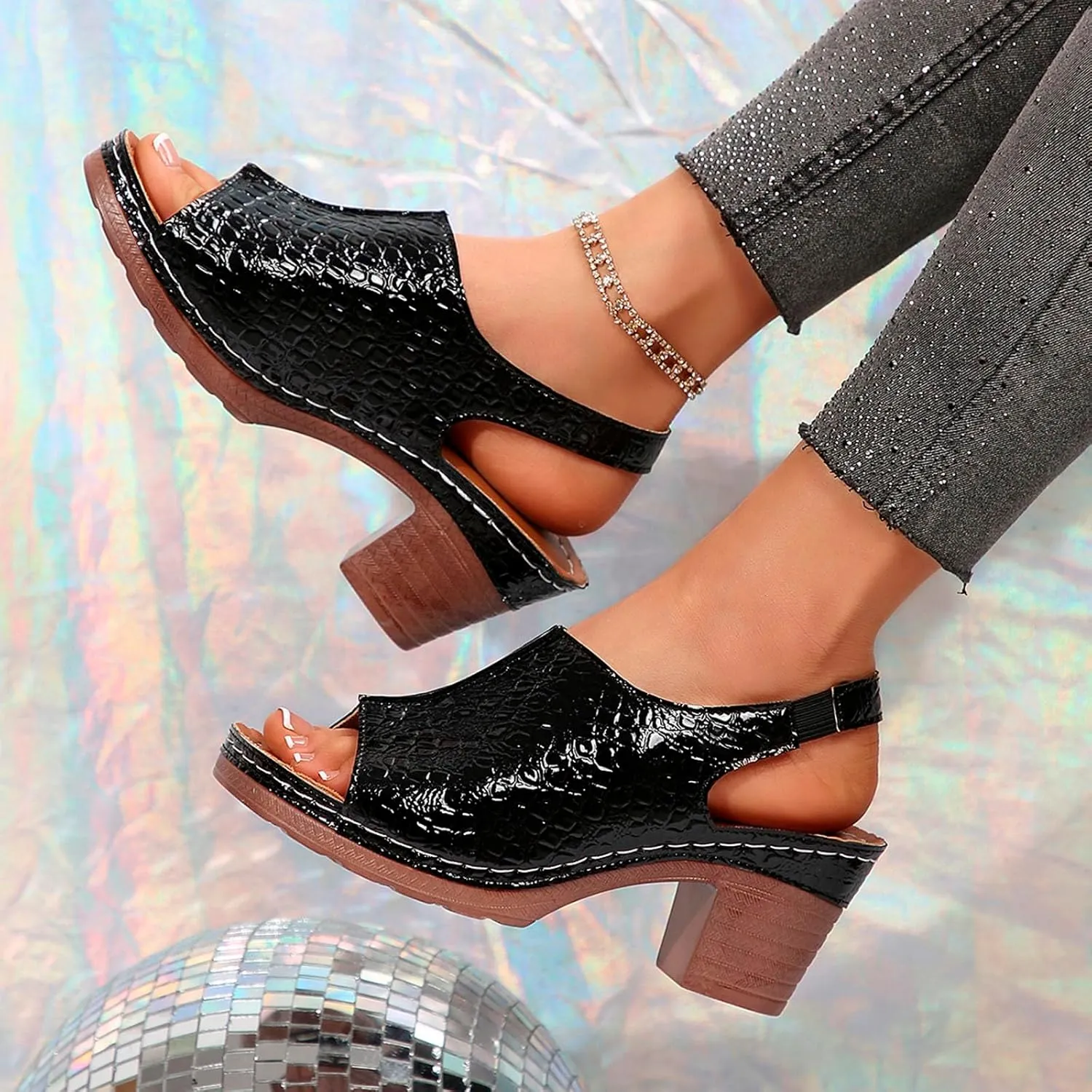 Women Summer Solid Buckle Strap Casual Open Toe Square Heels Comfortable Beach Shoes Sandals Sandals for Women Memory Foam Leopard Print