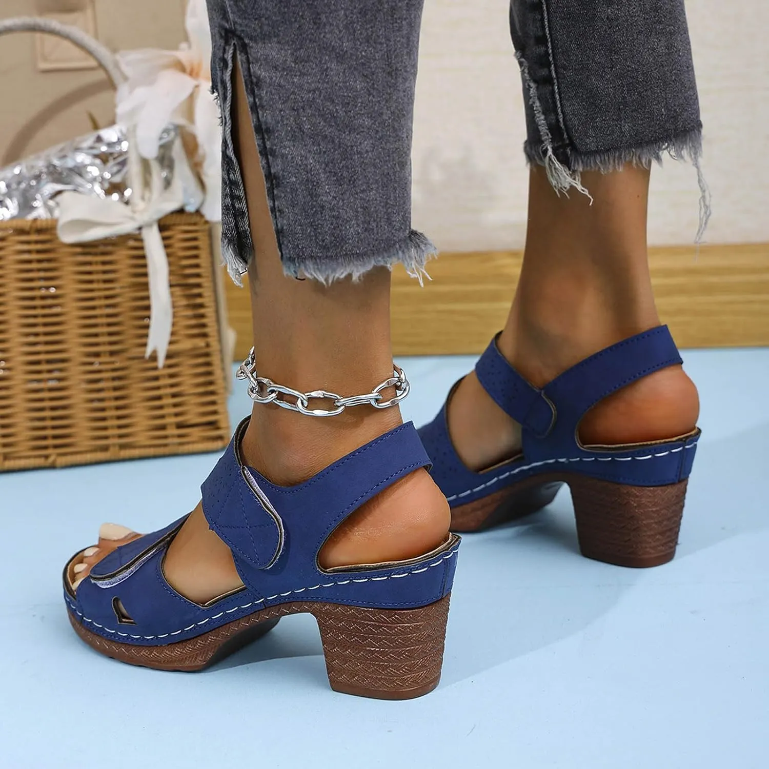 Women Summer Solid Hook Loop Casual Open Toe Square Heels Comfortable Beach Shoes Sandals Node Sandals for Women