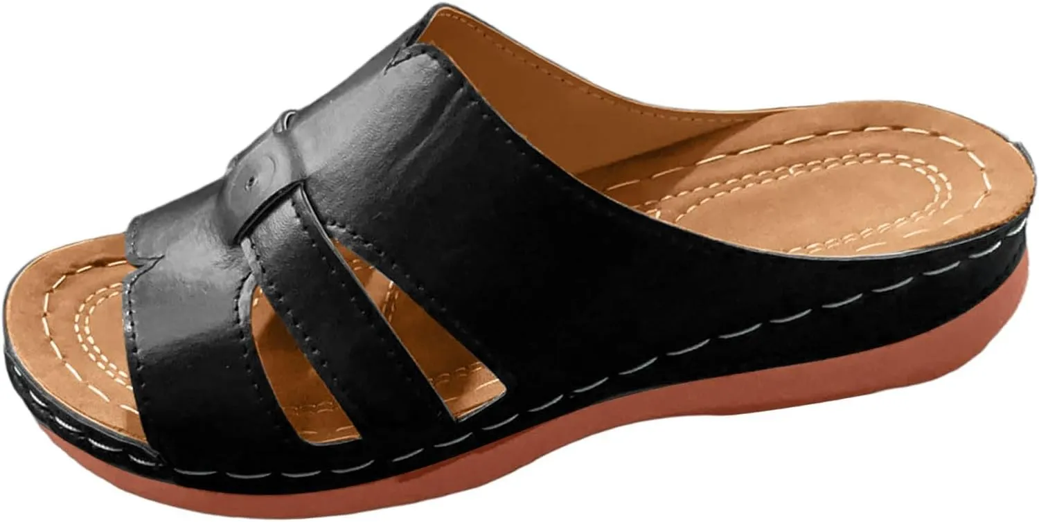 Women Summer Solid Slip On Casual Open Toe Wedges Comfortable Beach Shoes Sandals Slippers Strapped Sandals for Women