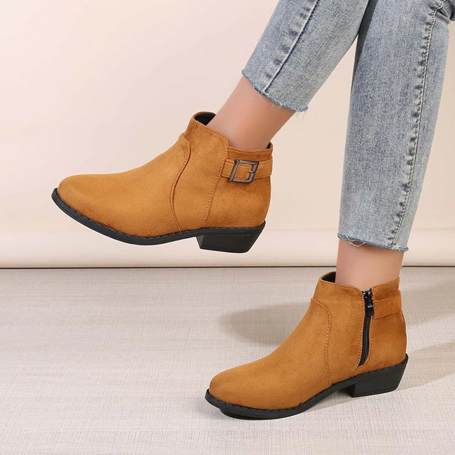 Women's Ankle Boots Chunky Heel Low Heeled Booties Fashion Closed Toe Strap Buckle Ankle Bootie