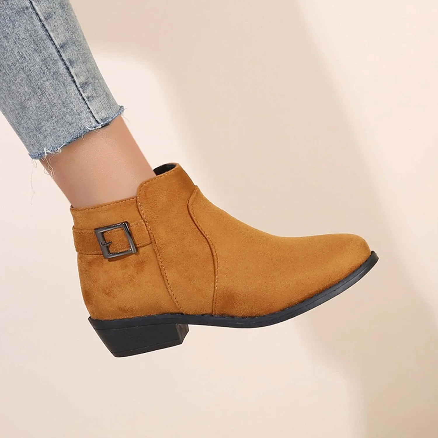 Women's Ankle Boots Chunky Heel Low Heeled Booties Fashion Closed Toe Strap Buckle Ankle Bootie