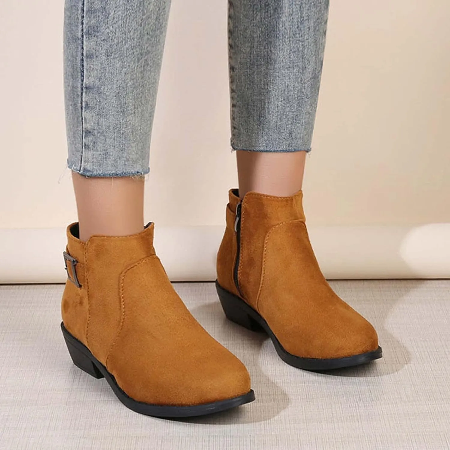 Women's Ankle Boots Chunky Heel Low Heeled Booties Fashion Closed Toe Strap Buckle Ankle Bootie