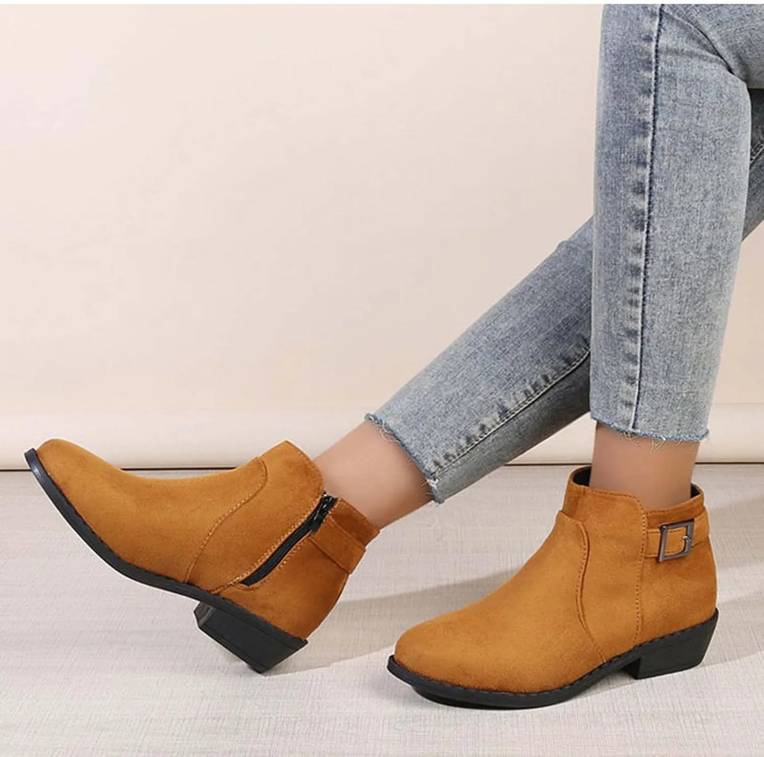 Women's Ankle Boots Chunky Heel Low Heeled Booties Fashion Closed Toe Strap Buckle Ankle Bootie