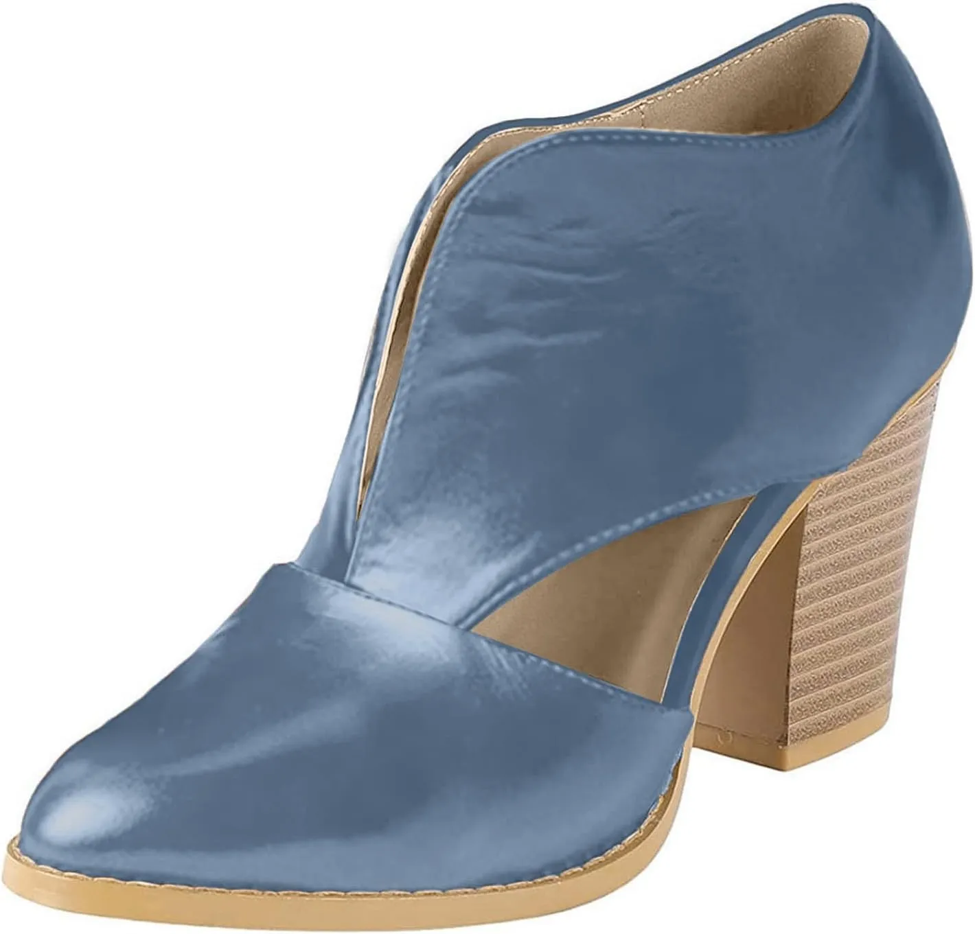 Womens Ankle Boots Chunky Stacked Heel Cut Out Pointed Toe Faux Leather Booties Womens Platform Summer Sandals
