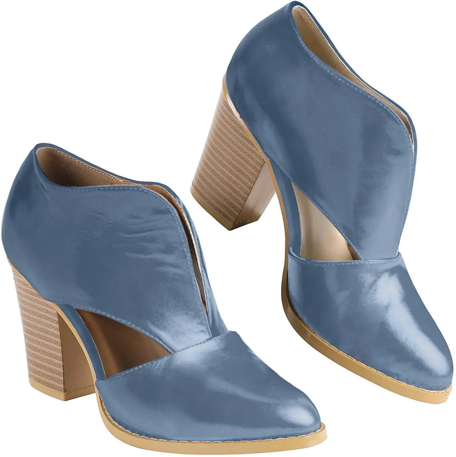Womens Ankle Boots Chunky Stacked Heel Cut Out Pointed Toe Faux Leather Booties Womens Platform Summer Sandals