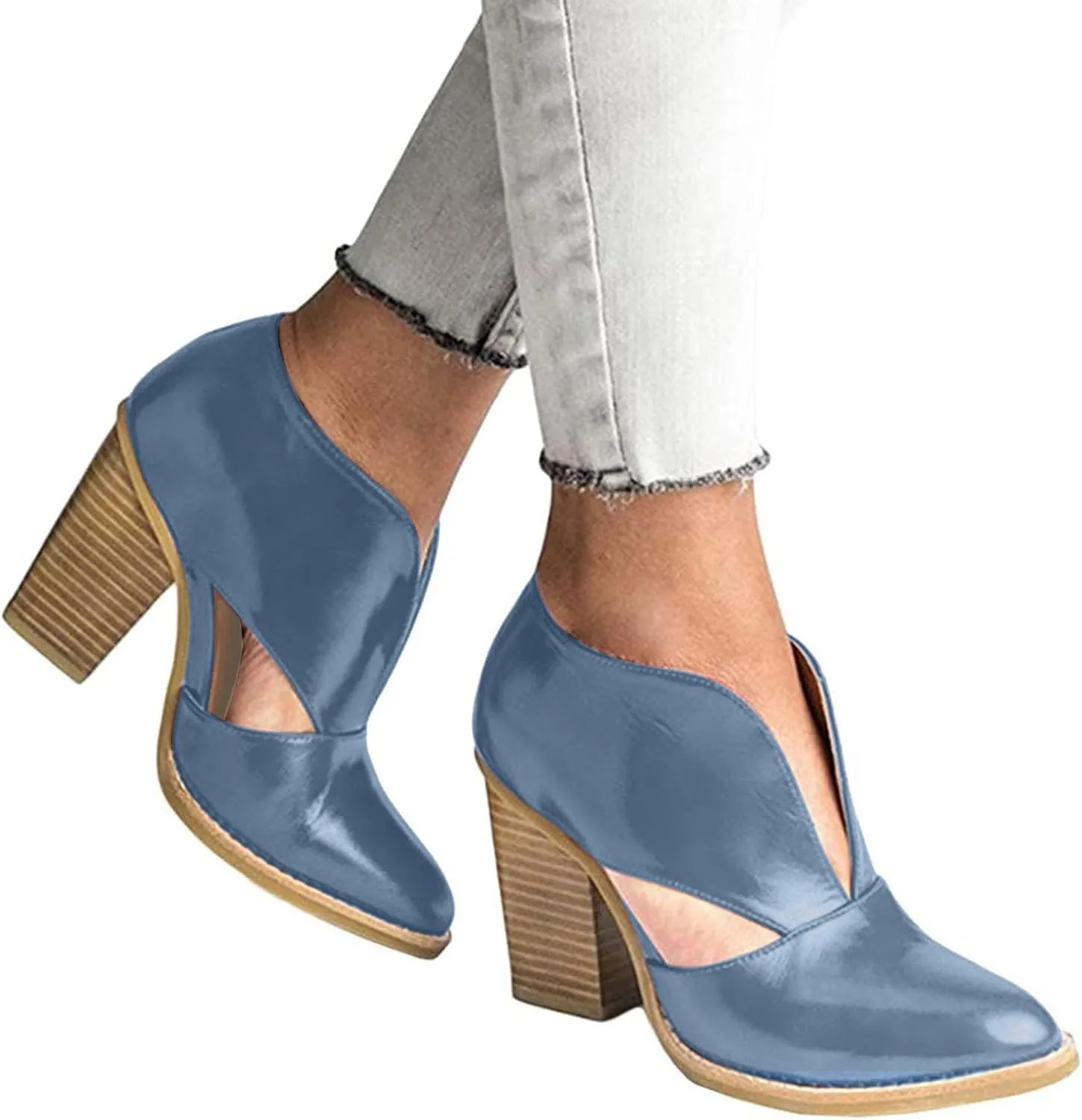 Womens Ankle Boots Chunky Stacked Heel Cut Out Pointed Toe Faux Leather Booties Womens Platform Summer Sandals