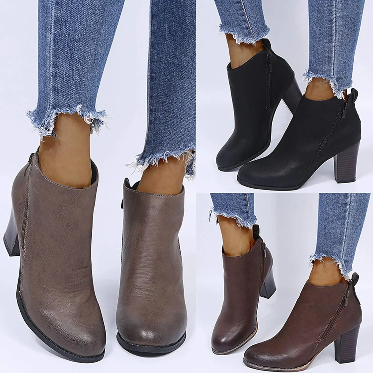 Women's Ankle Boots Wide Mid Heel Side Zipper Booties Leather Round Toe Side Booties Retro Dress Short Boots