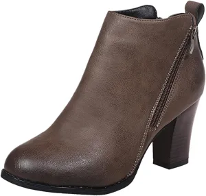Women's Ankle Boots Wide Mid Heel Side Zipper Booties Leather Round Toe Side Booties Retro Dress Short Boots