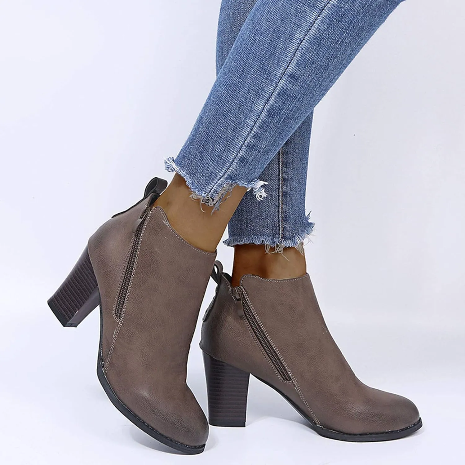 Women's Ankle Boots Wide Mid Heel Side Zipper Booties Leather Round Toe Side Booties Retro Dress Short Boots