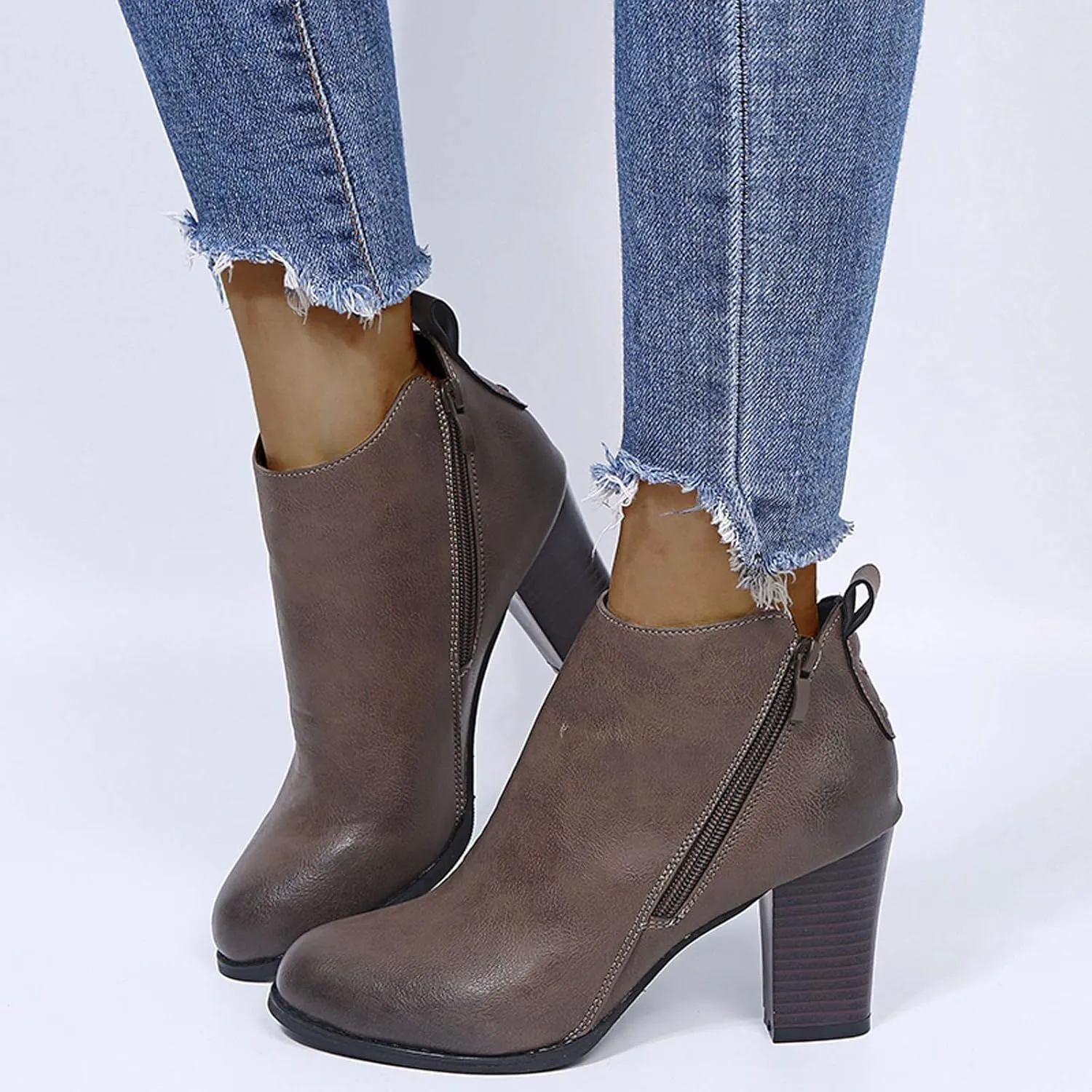 Women's Ankle Boots Wide Mid Heel Side Zipper Booties Leather Round Toe Side Booties Retro Dress Short Boots
