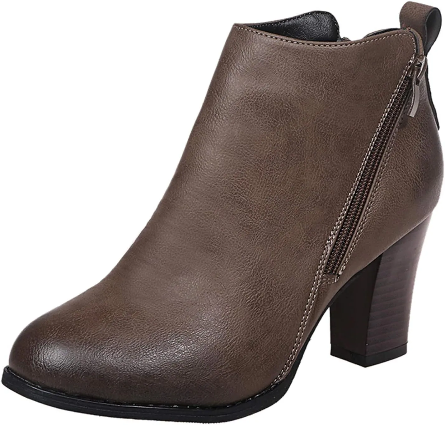 Women's Ankle Boots Wide Mid Heel Side Zipper Booties Leather Round Toe Side Booties Retro Dress Short Boots