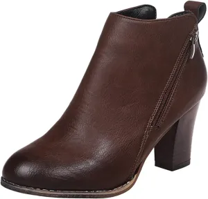 Women's Ankle Boots Wide Mid Heel Side Zipper Booties Leather Round Toe Side Booties Retro Dress Short Boots