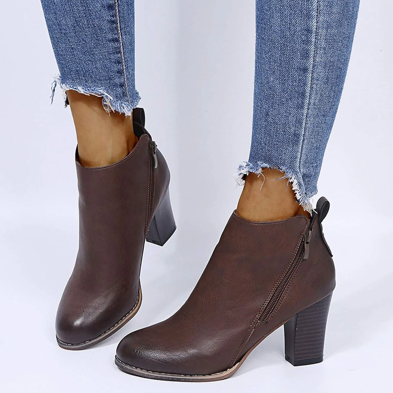 Women's Ankle Boots Wide Mid Heel Side Zipper Booties Leather Round Toe Side Booties Retro Dress Short Boots