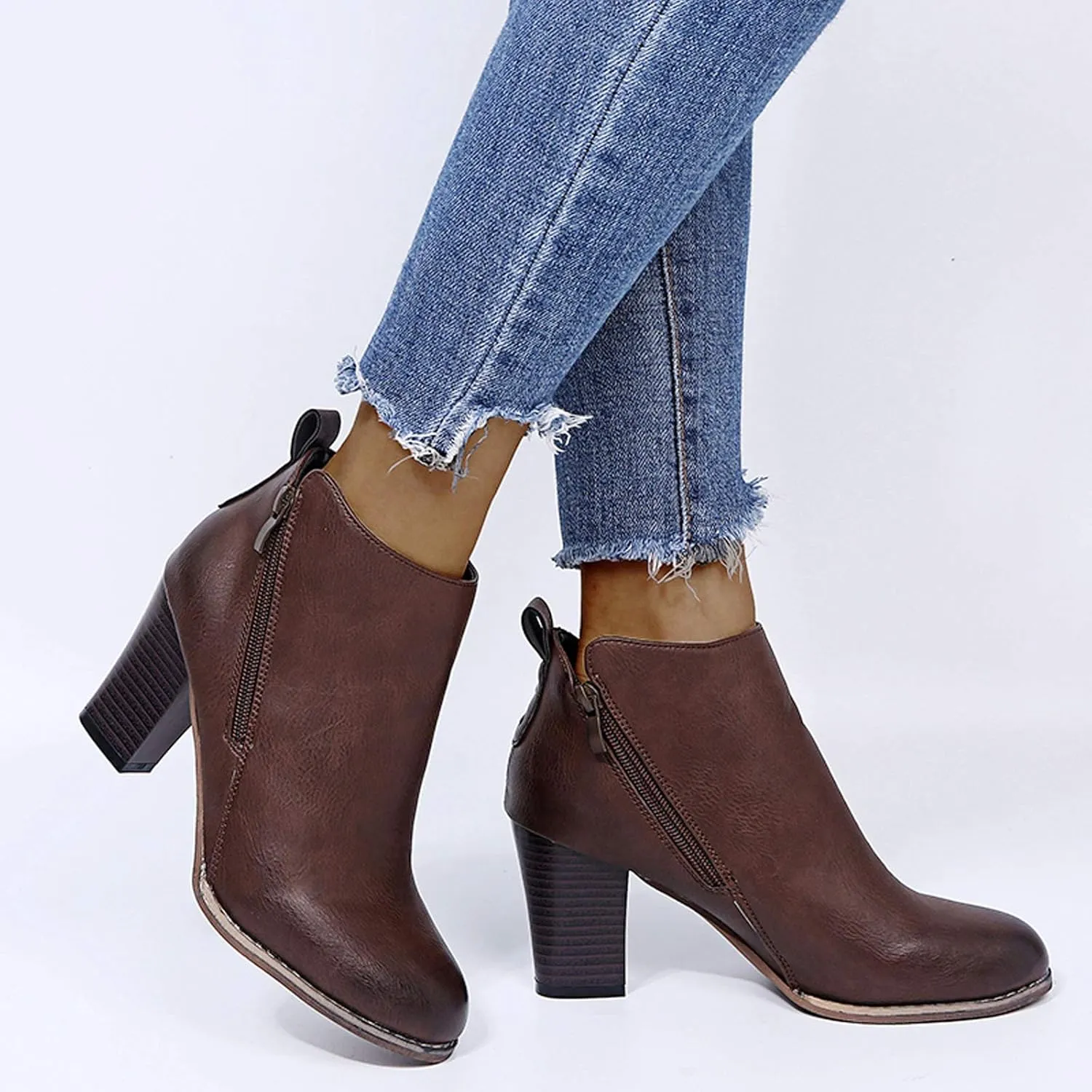 Women's Ankle Boots Wide Mid Heel Side Zipper Booties Leather Round Toe Side Booties Retro Dress Short Boots