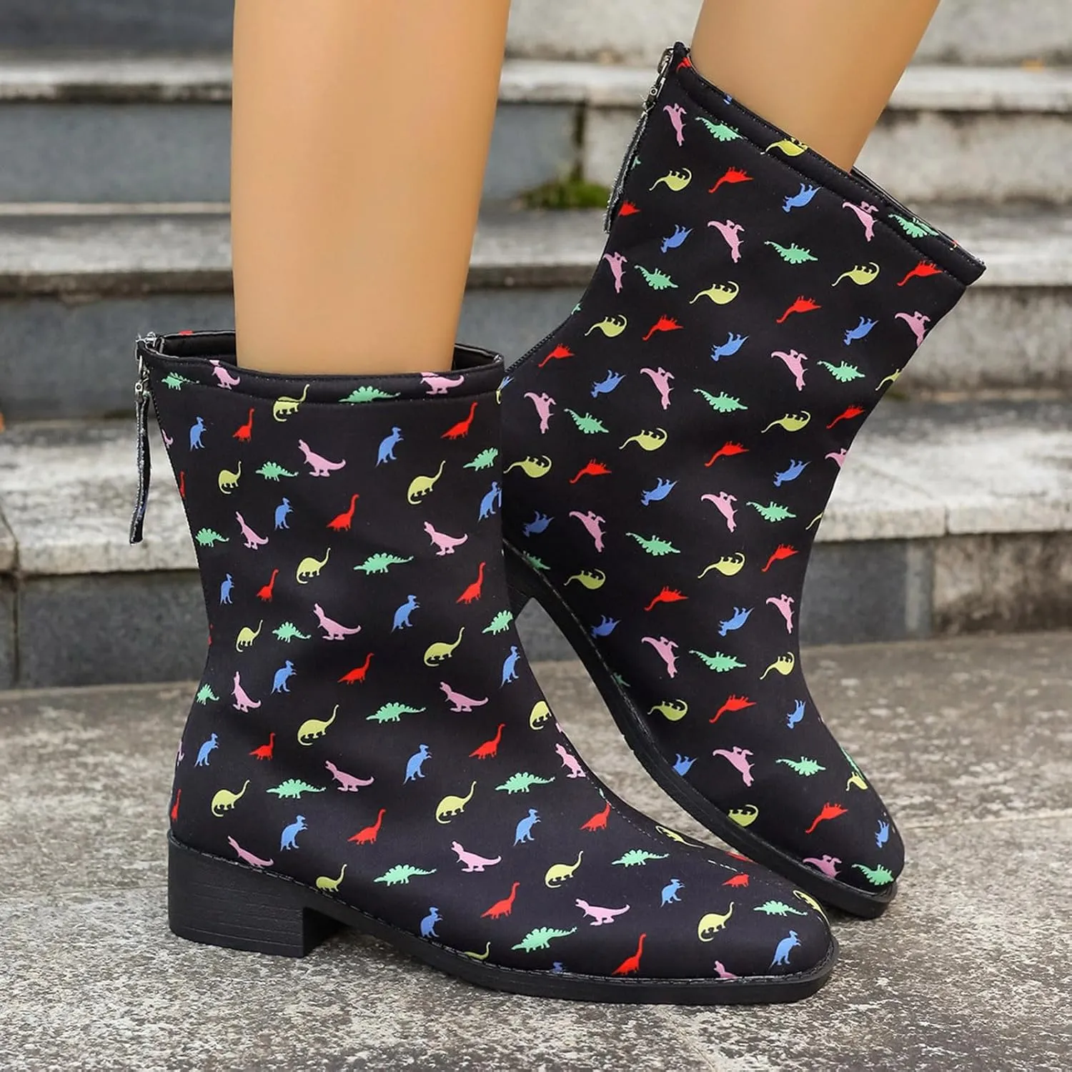Womens Boots Women's Cute Fun Dinosaur Print Ankle Boots Back Zipper Flats Short Booties For Children Kid