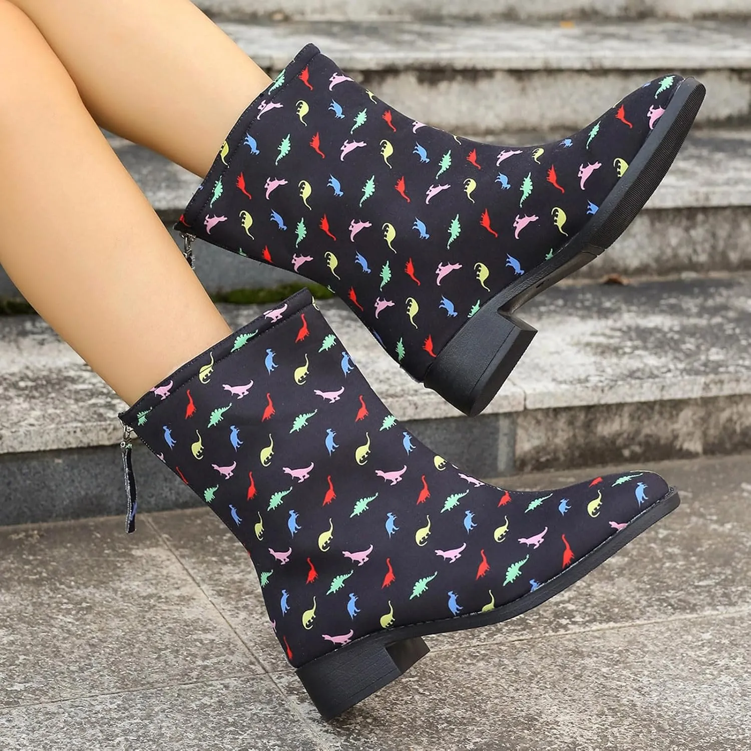 Womens Boots Women's Cute Fun Dinosaur Print Ankle Boots Back Zipper Flats Short Booties For Children Kid