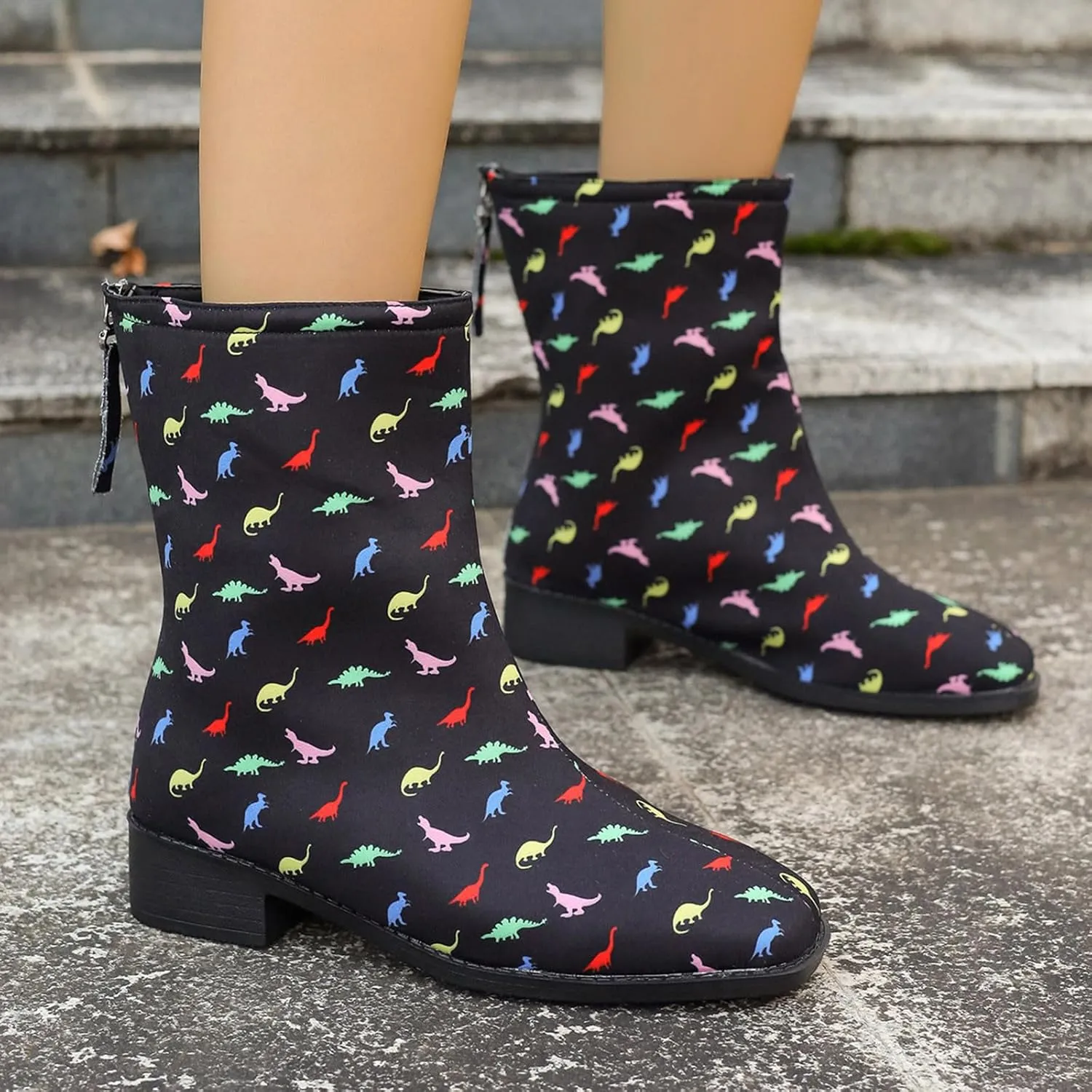 Womens Boots Women's Cute Fun Dinosaur Print Ankle Boots Back Zipper Flats Short Booties For Children Kid