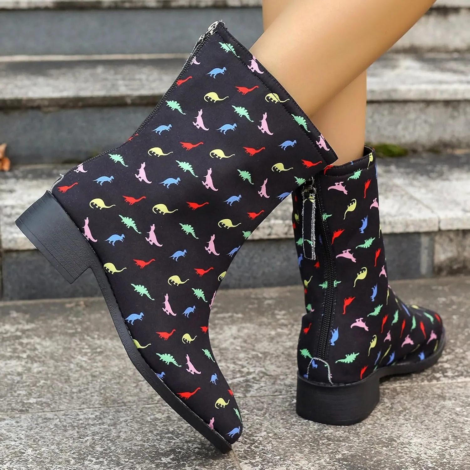 Womens Boots Women's Cute Fun Dinosaur Print Ankle Boots Back Zipper Flats Short Booties For Children Kid
