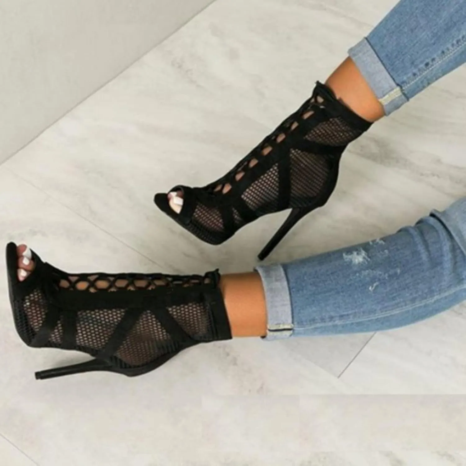 Womens Breathable Mesh Sandals Ladies Black Sexy Heels Mesh Party Eveing Ankle Boots Lace up Stiletto High Heels