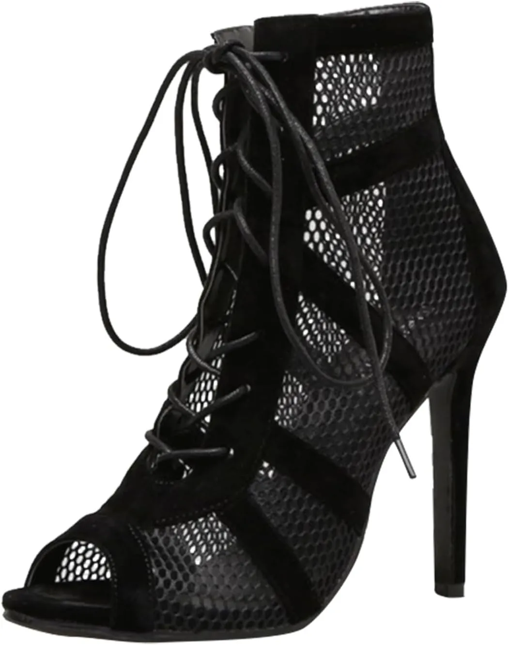Womens Breathable Mesh Sandals Ladies Black Sexy Heels Mesh Party Eveing Ankle Boots Lace up Stiletto High Heels