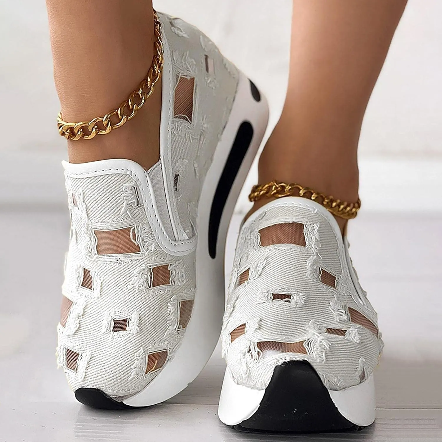 Womens Canvas Slip on Sneakers Walking Tennis Flat Dress Loafers Platform Wedge Mesh Shoes Embroidery Sneakers Casual Close