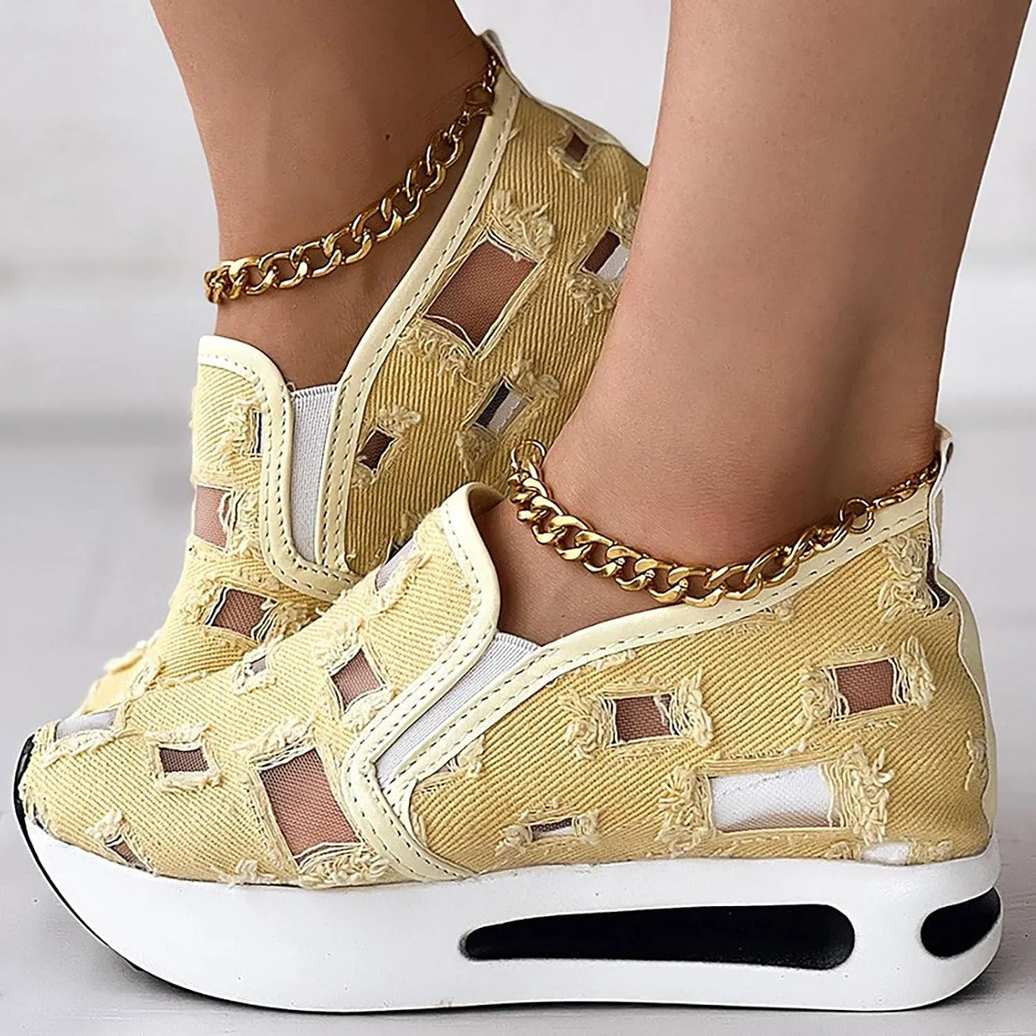 Womens Canvas Slip on Sneakers Walking Tennis Flat Dress Loafers Platform Wedge Mesh Shoes Embroidery Sneakers Casual Close