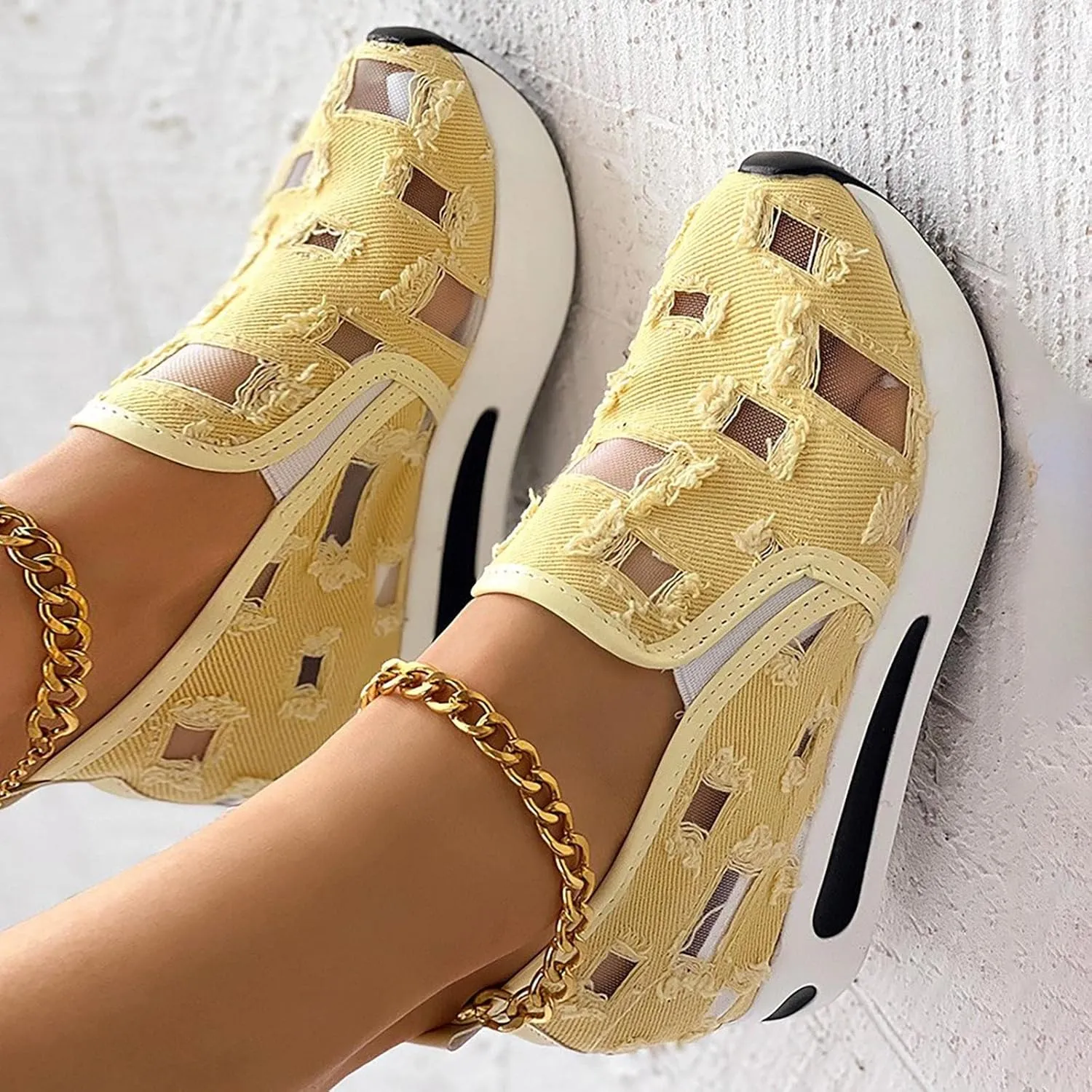 Womens Canvas Slip on Sneakers Walking Tennis Flat Dress Loafers Platform Wedge Mesh Shoes Embroidery Sneakers Casual Close