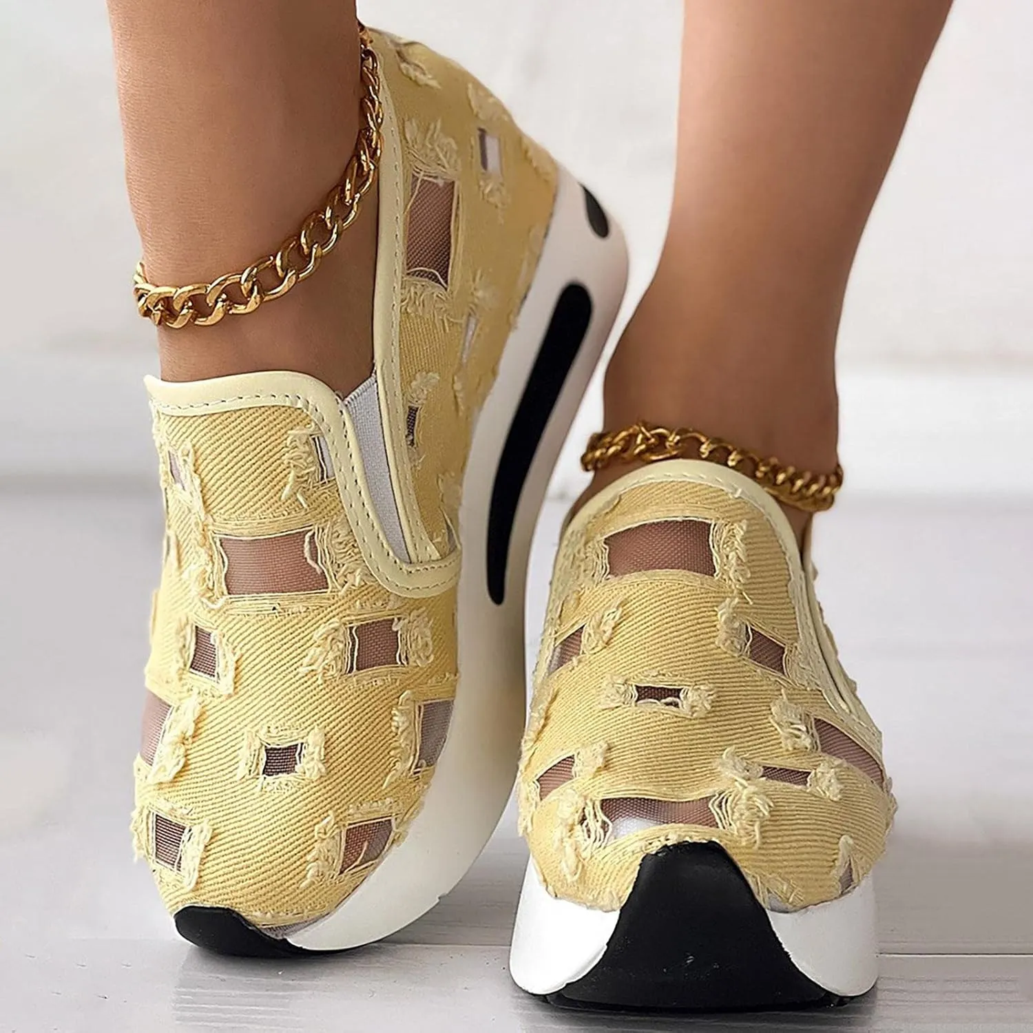 Womens Canvas Slip on Sneakers Walking Tennis Flat Dress Loafers Platform Wedge Mesh Shoes Embroidery Sneakers Casual Close