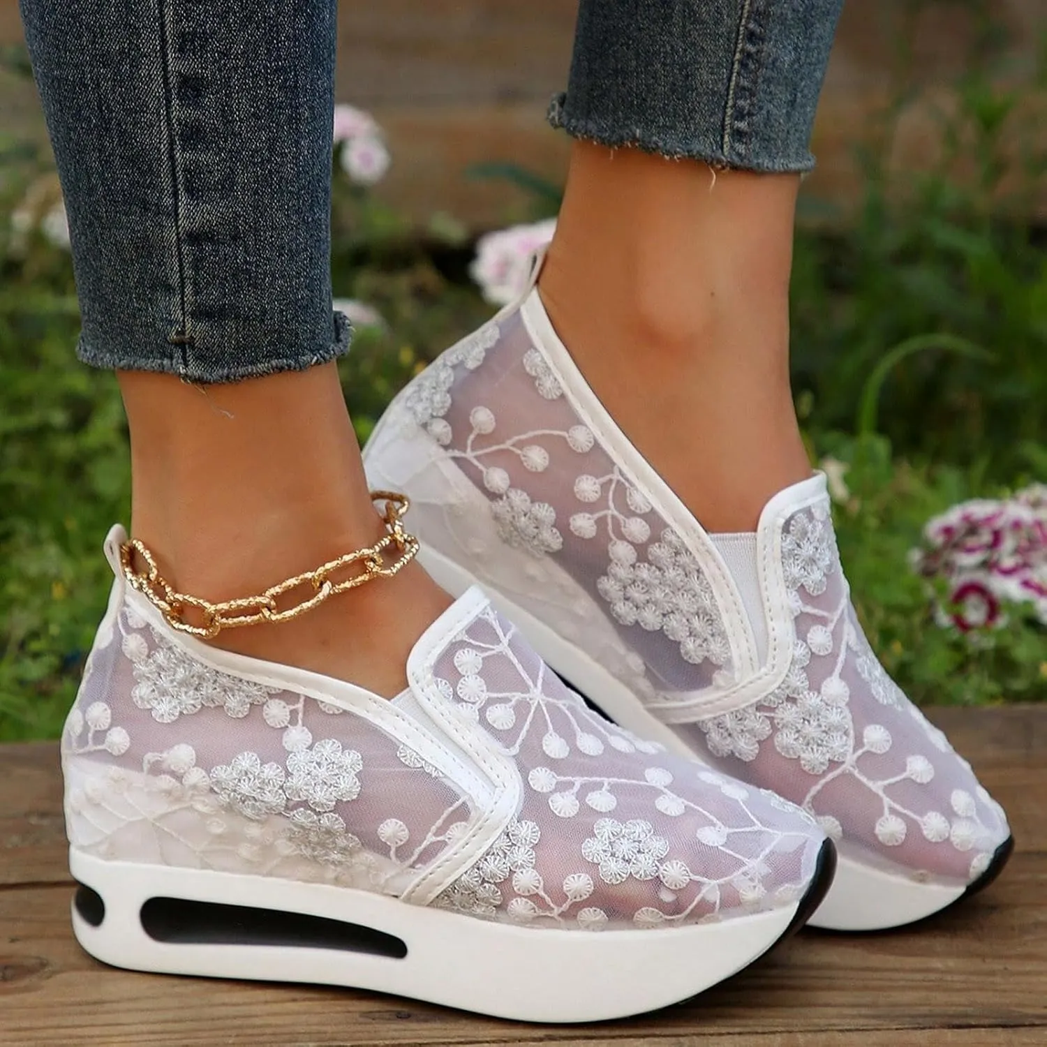 Womens Canvas Slip on Sneakers Walking Tennis Flat Dress Loafers Platform Wedge Mesh Shoes Embroidery Sneakers Casual Outdoor