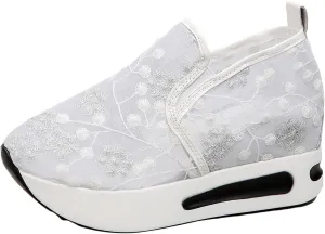 Womens Canvas Slip on Sneakers Walking Tennis Flat Dress Loafers Platform Wedge Mesh Shoes Embroidery Sneakers Casual Outdoor