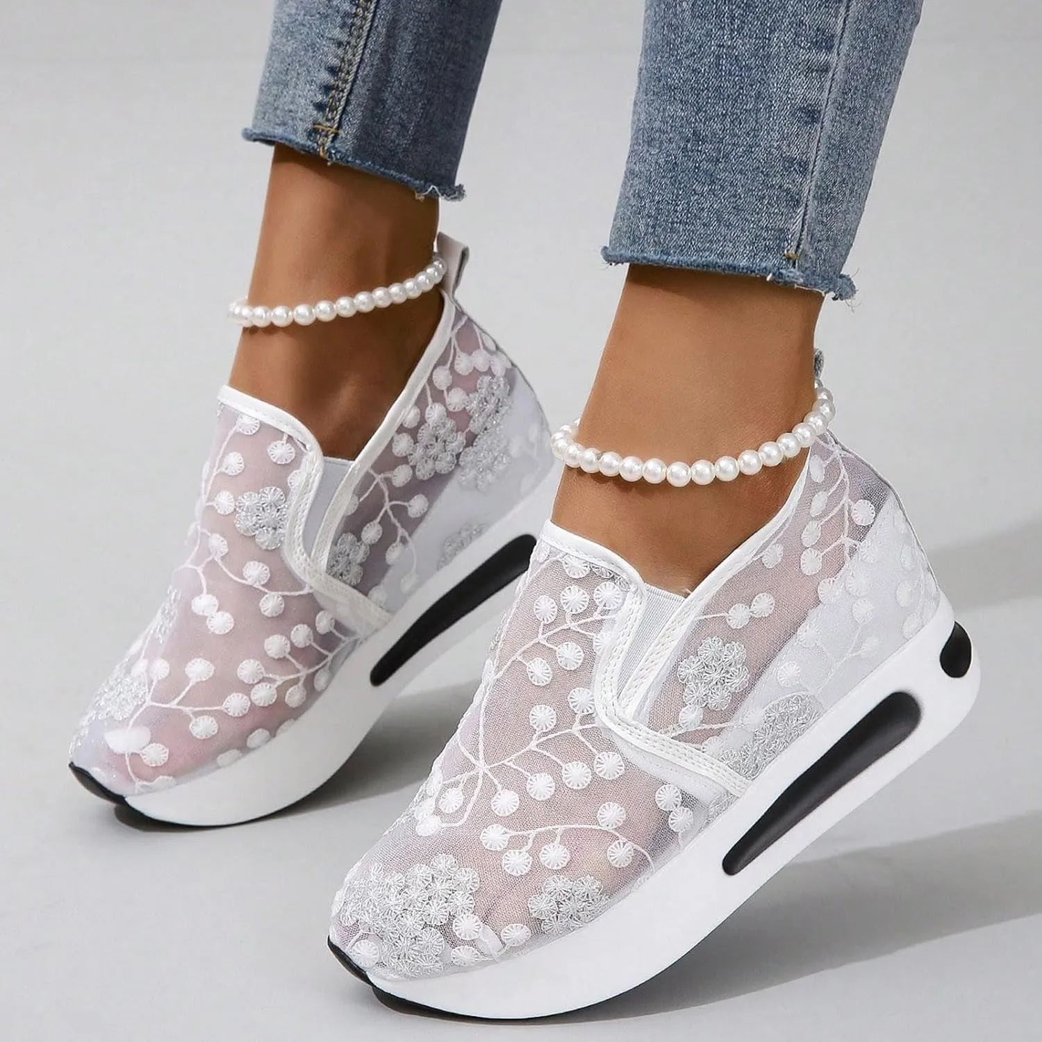 Womens Canvas Slip on Sneakers Walking Tennis Flat Dress Loafers Platform Wedge Mesh Shoes Embroidery Sneakers Casual Outdoor