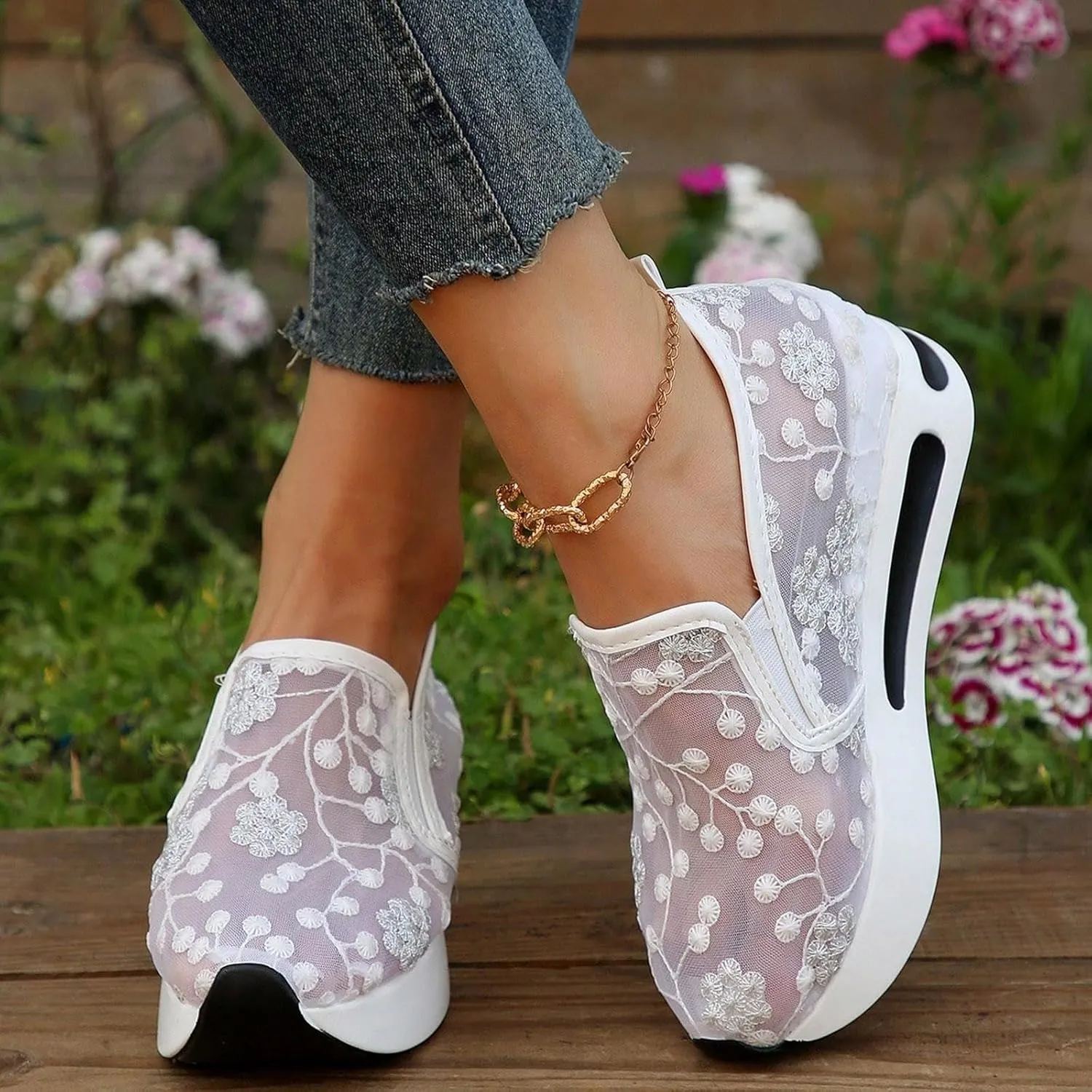 Womens Canvas Slip on Sneakers Walking Tennis Flat Dress Loafers Platform Wedge Mesh Shoes Embroidery Sneakers Casual Outdoor