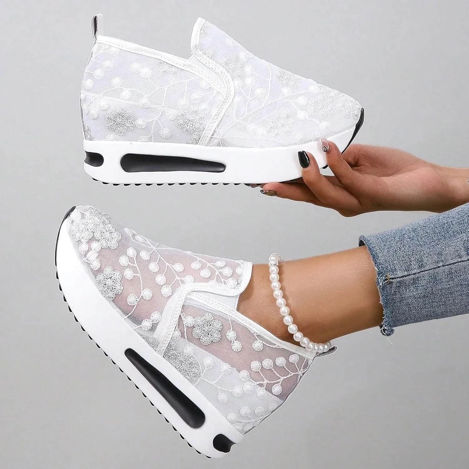 Womens Canvas Slip on Sneakers Walking Tennis Flat Dress Loafers Platform Wedge Mesh Shoes Embroidery Sneakers Casual Outdoor