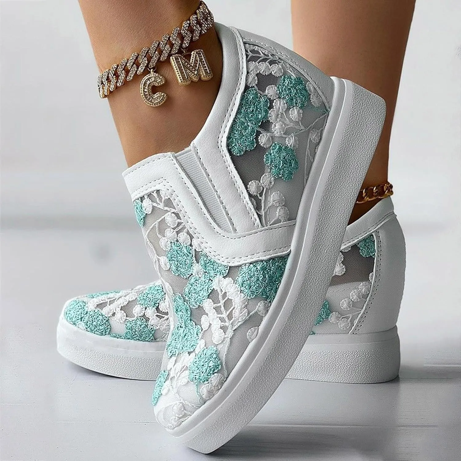 Womens Canvas Slip on Sneakers Walking Tennis Flat Dress Loafers Platform Wedge Mesh Shoes Embroidery Sneakers Casual