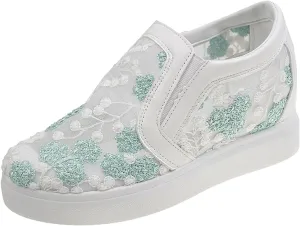 Womens Canvas Slip on Sneakers Walking Tennis Flat Dress Loafers Platform Wedge Mesh Shoes Embroidery Sneakers Casual