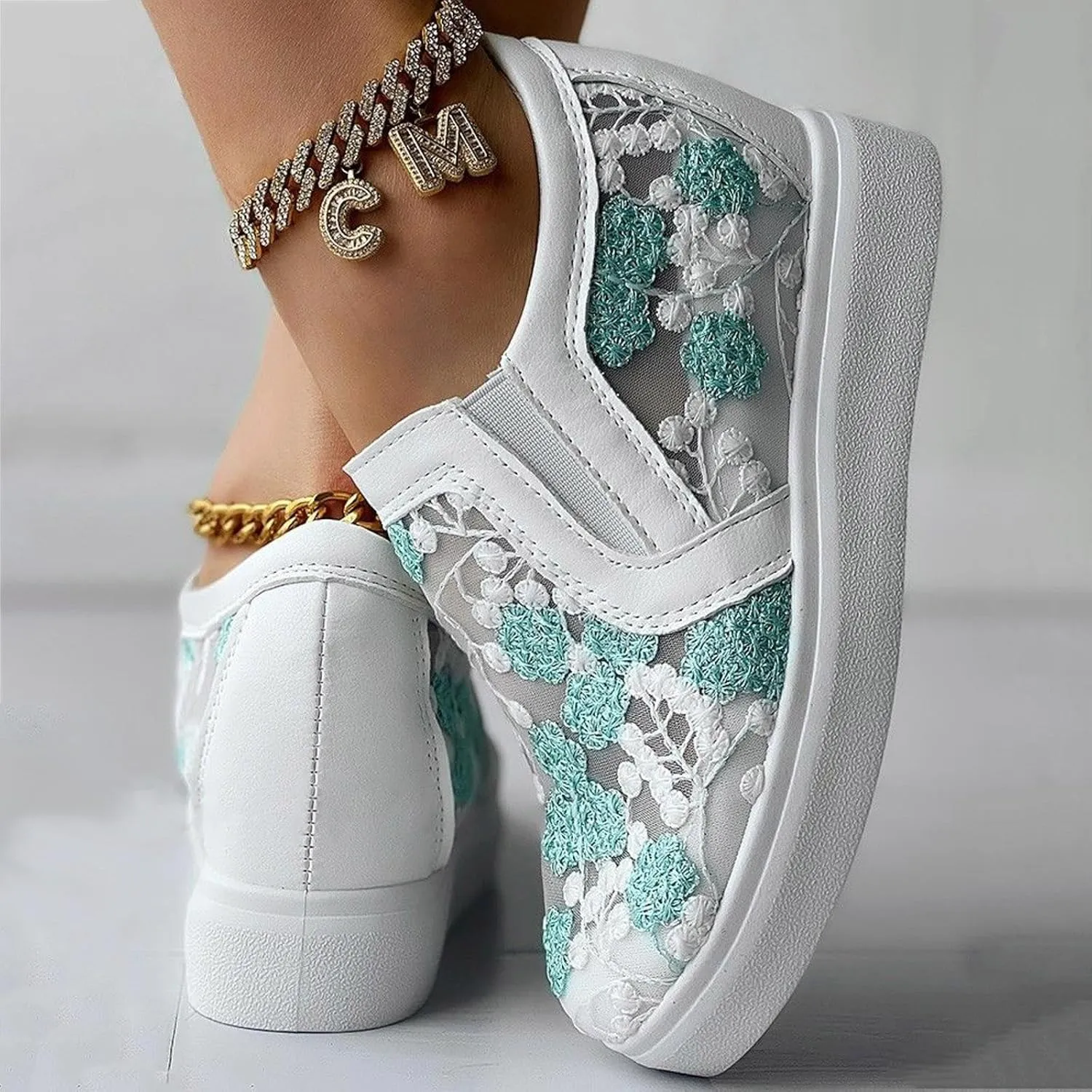 Womens Canvas Slip on Sneakers Walking Tennis Flat Dress Loafers Platform Wedge Mesh Shoes Embroidery Sneakers Casual
