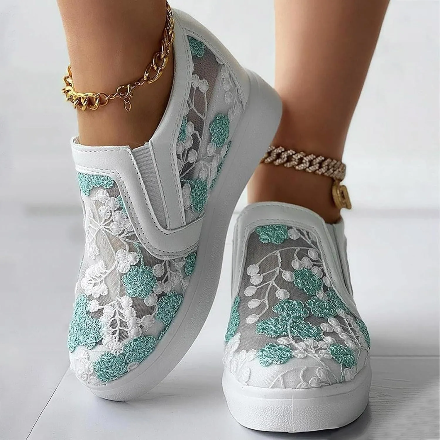 Womens Canvas Slip on Sneakers Walking Tennis Flat Dress Loafers Platform Wedge Mesh Shoes Embroidery Sneakers Casual