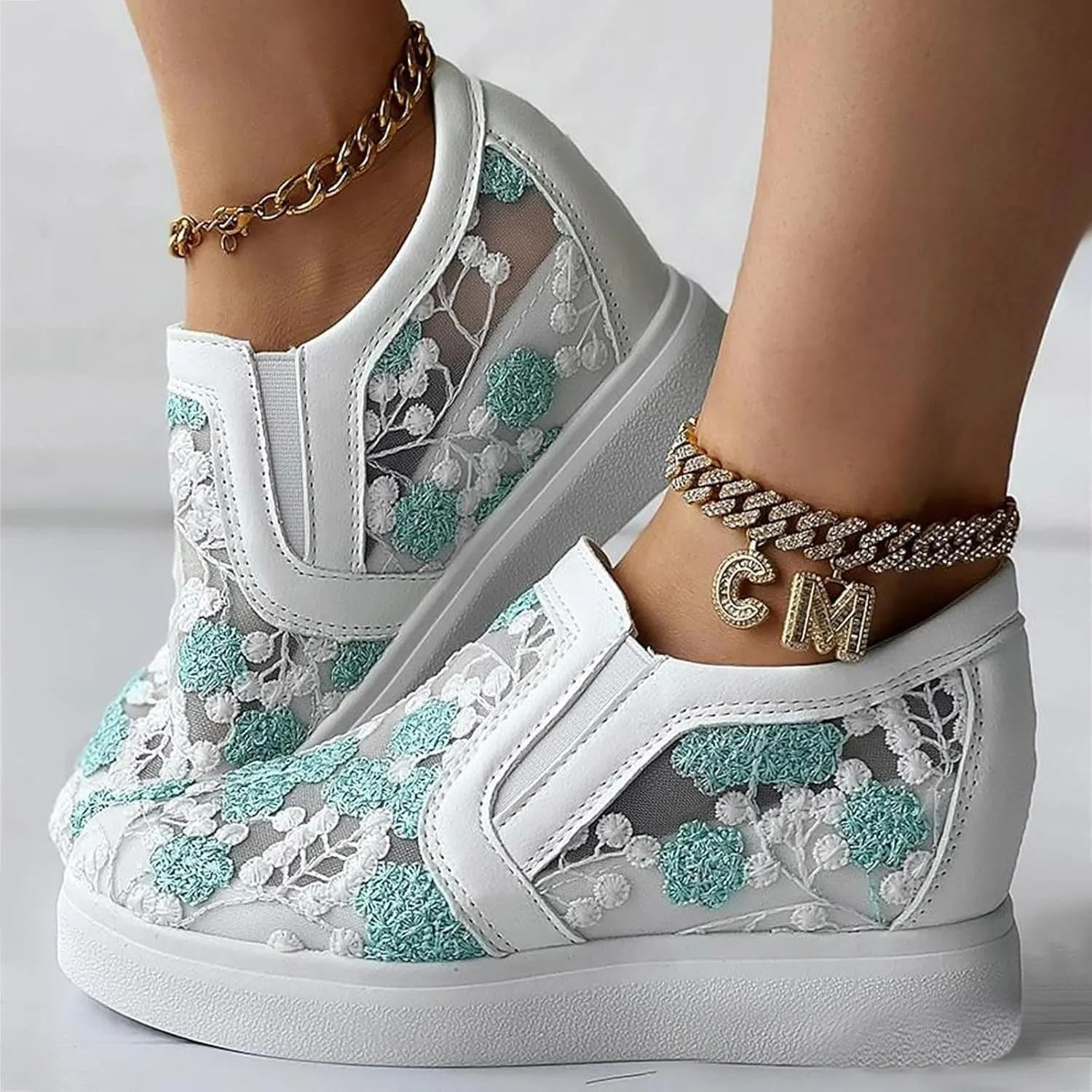 Womens Canvas Slip on Sneakers Walking Tennis Flat Dress Loafers Platform Wedge Mesh Shoes Embroidery Sneakers Casual