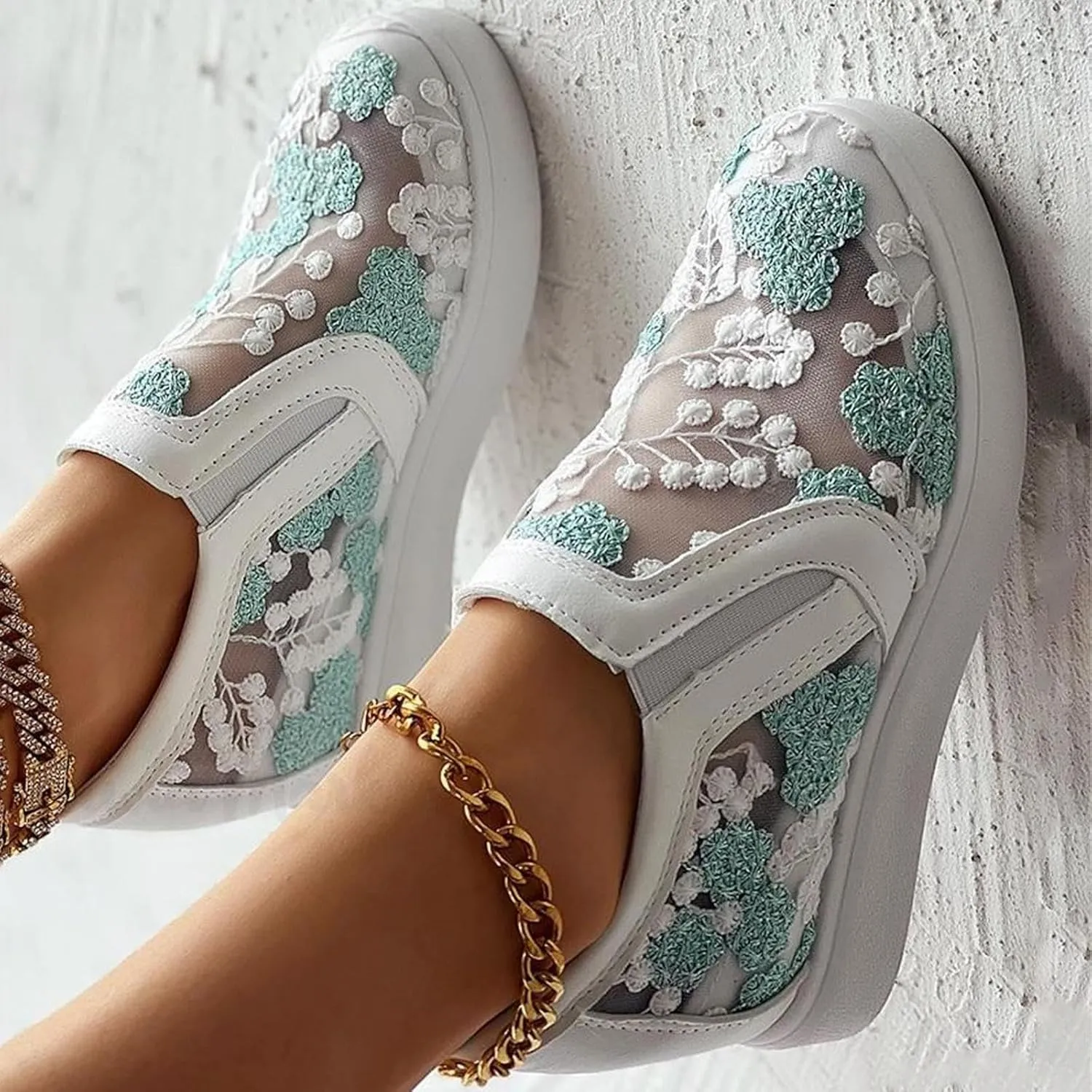 Womens Canvas Slip on Sneakers Walking Tennis Flat Dress Loafers Platform Wedge Mesh Shoes Embroidery Sneakers Casual