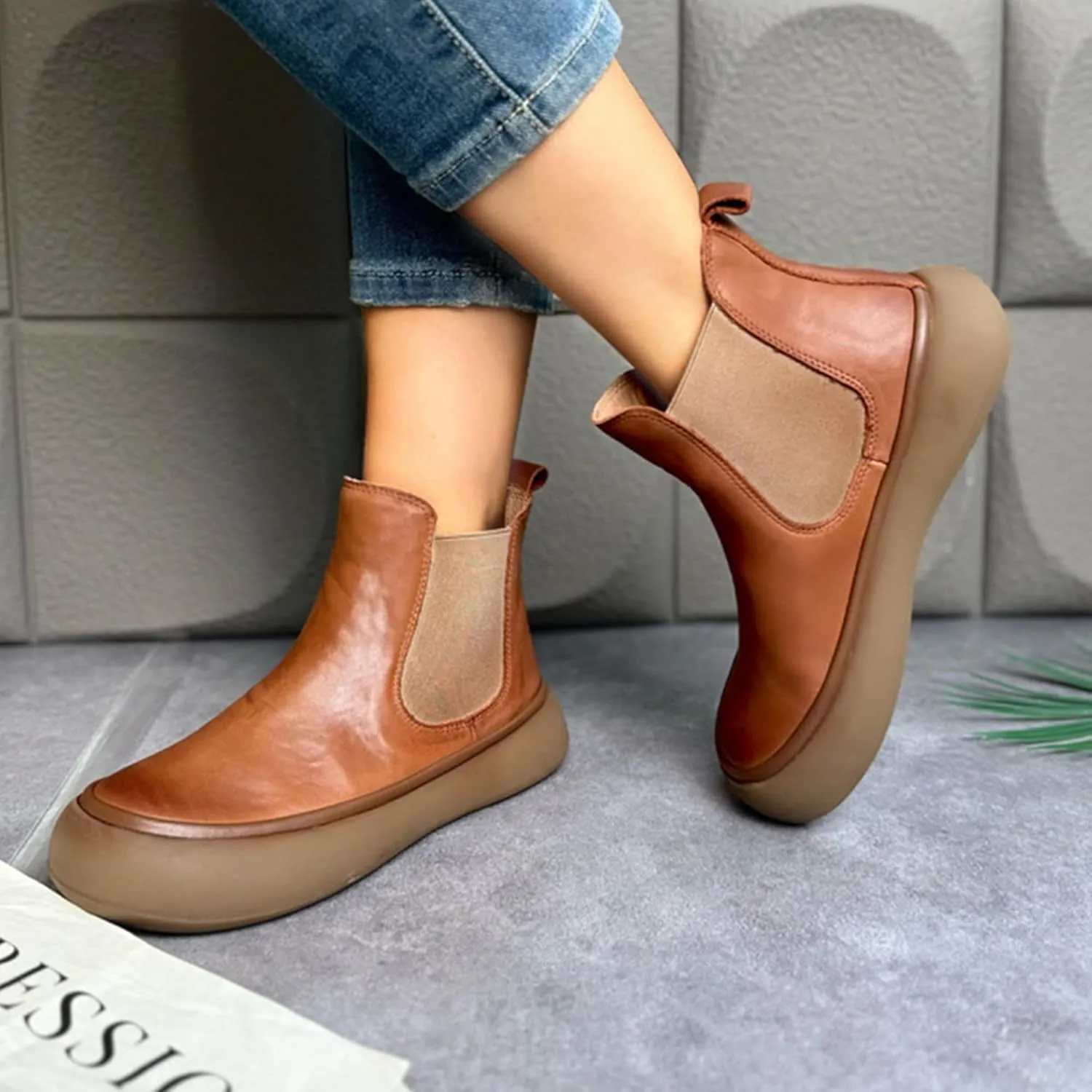 Women's Chelsea Boots Fashion Lug Sole Chunky Platform Heel Slip On Elastic Wide Ankle Booties, Genuine Leather Round Toe Pull On Cowgirl Short Boots