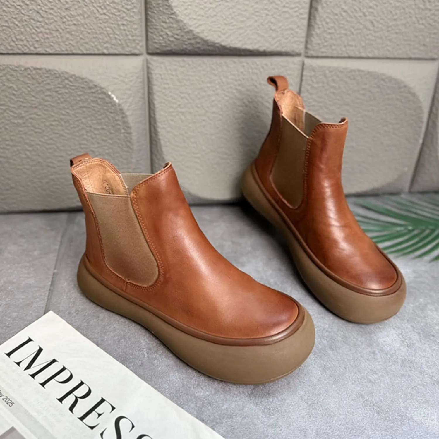 Women's Chelsea Boots Fashion Lug Sole Chunky Platform Heel Slip On Elastic Wide Ankle Booties, Genuine Leather Round Toe Pull On Cowgirl Short Boots